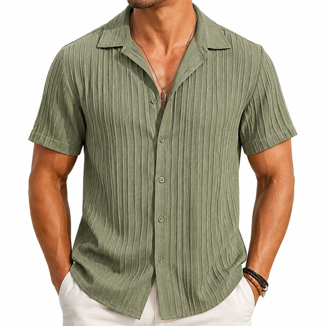 Camicia uomo M in tessuto verde oliva a maniche corte con texture verticale casual