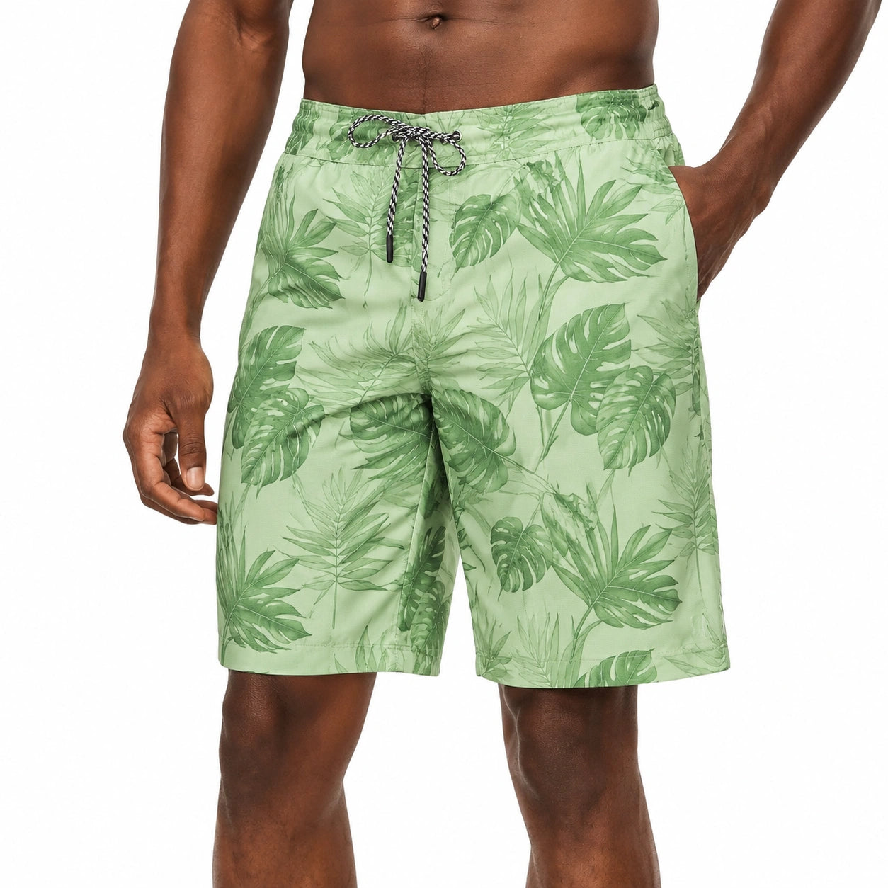 Costume da bagno uomo M verde chiaro con stampa foglie e coulisse