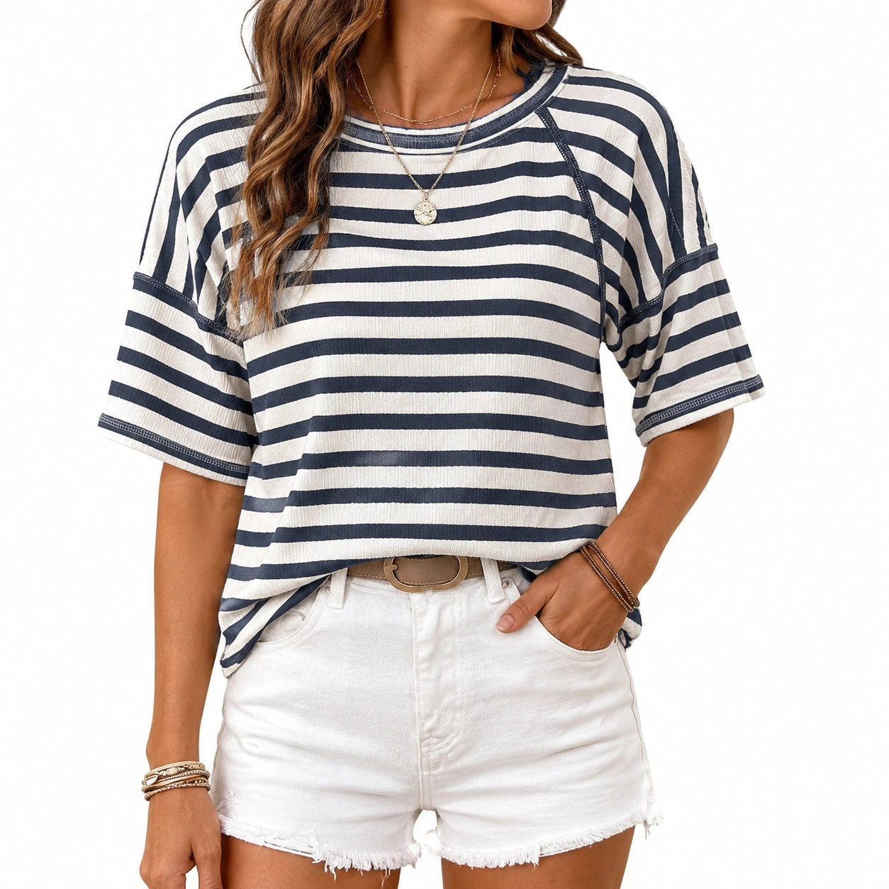 Maglietta donna M in tessuto bianco e blu a righe - vestibilità ampia casual