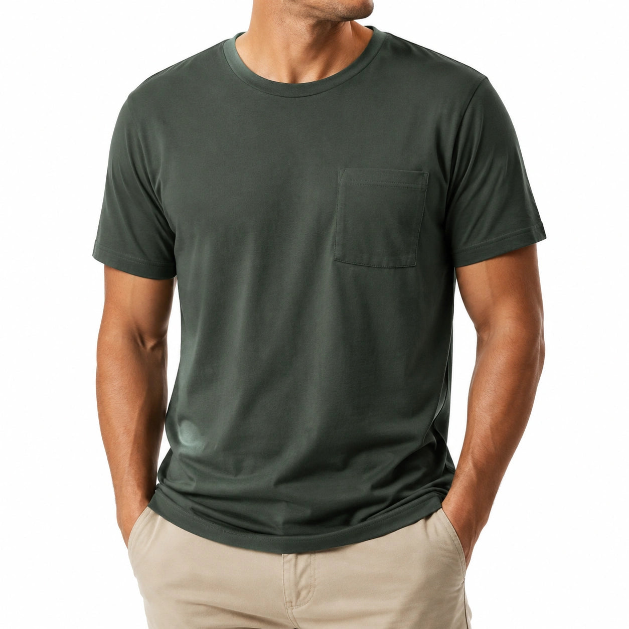 T-shirt uomo taglia L in tessuto verde scuro con taschino - stile casual