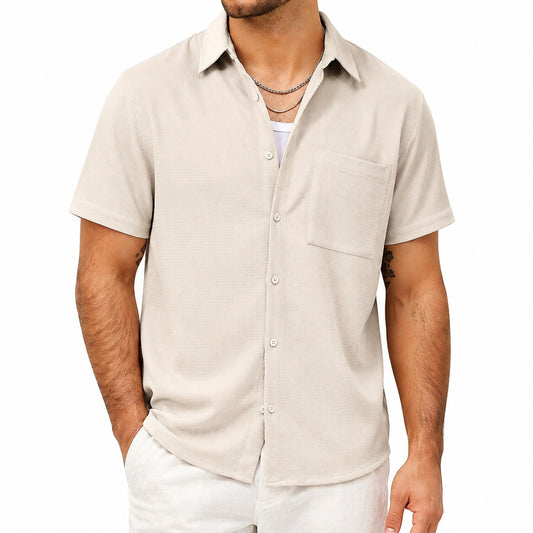 Camicia uomo taglia L beige in tessuto testurizzato a maniche corte - vestibilità regolare