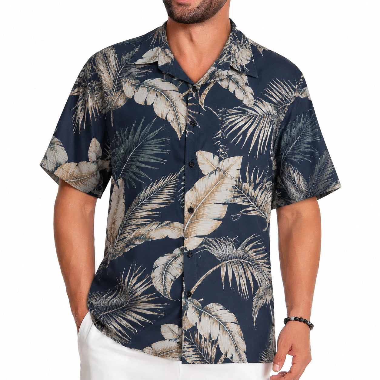 Camicia uomo L blu navy a stampa foglie - manica corta stile tropicale