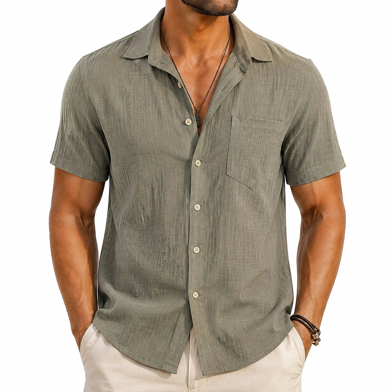 Camicia uomo M verde oliva a maniche corte con taschino - stile casual