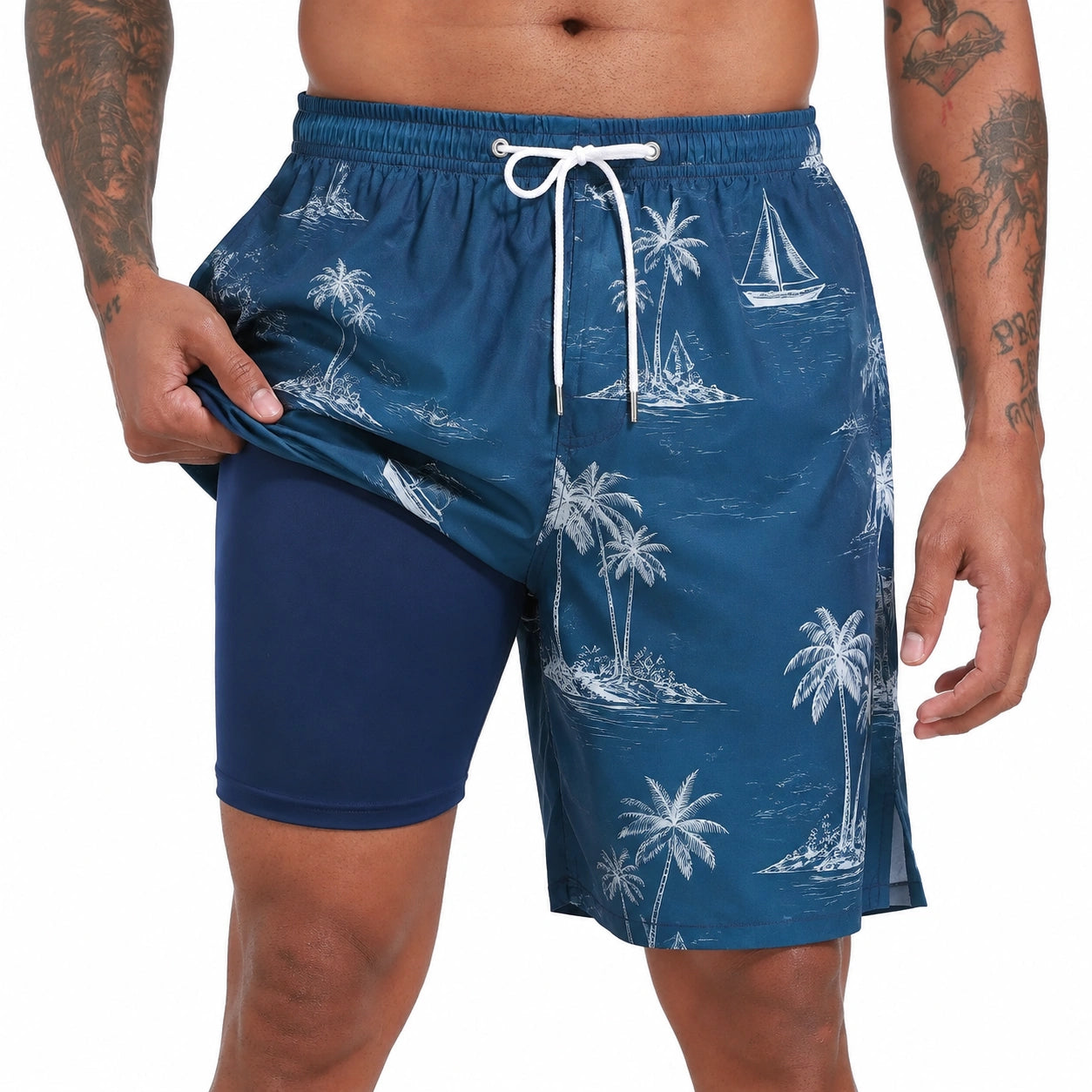 Costume da bagno uomo taglia L in tessuto sintetico blu con stampa tropicale e pantaloncino interno