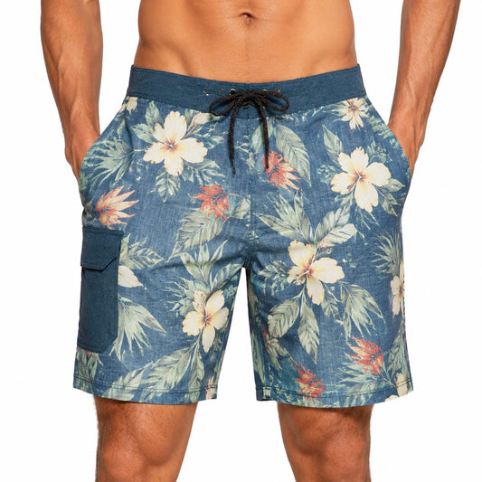 Costume da bagno uomo M blu con stampa floreale e tasche cargo
