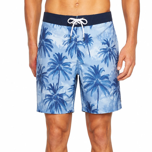 Pantaloncini da bagno uomo M in tessuto sintetico azzurro con stampa palme - stile mare