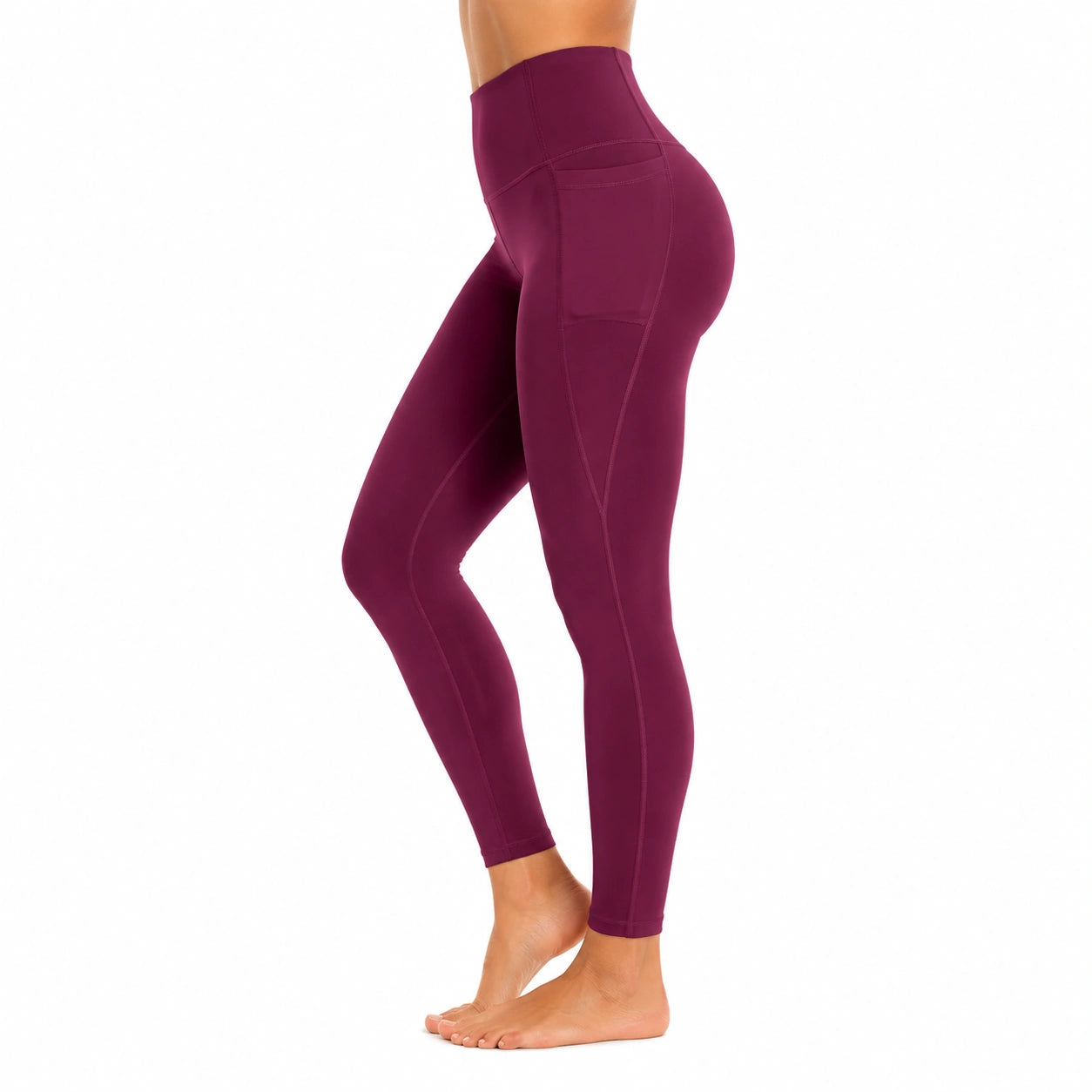 Leggings donna S in tessuto elasticizzato bordeaux a vita alta con tasche laterali