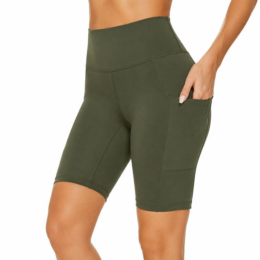 Pantaloncini ciclista donna taglia S in tessuto elasticizzato verde oliva - vita alta con tasca laterale