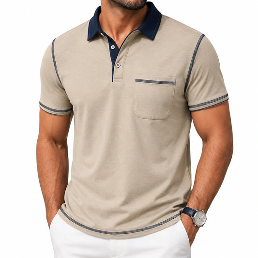 Polo da uomo taglia L in tessuto beige e blu navy con taschino stile casual