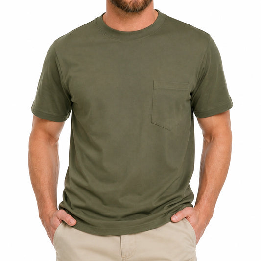T-shirt uomo taglia L in tessuto verde oliva con taschino girocollo a maniche corte
