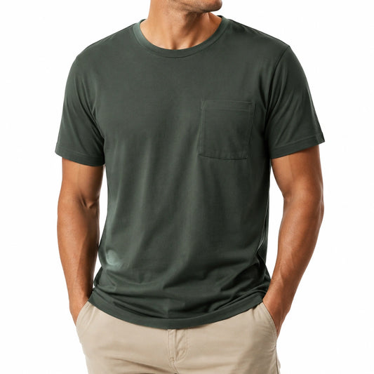 T-shirt uomo taglia L in tessuto verde scuro con taschino - stile casual