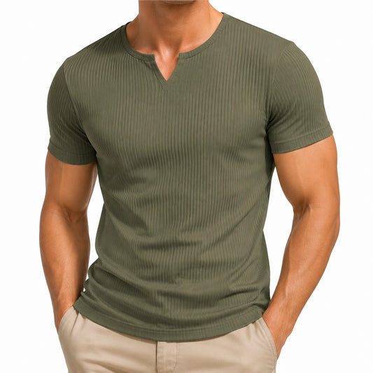 T-shirt uomo taglia L verde oliva a costine con scollo serafino manica corta